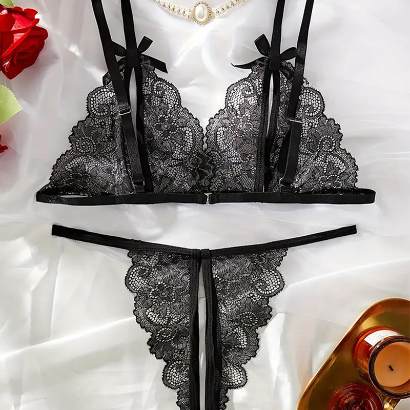Black Hot Crotchless Sexy Wome - Lace Bralette Set ulasan dan harga